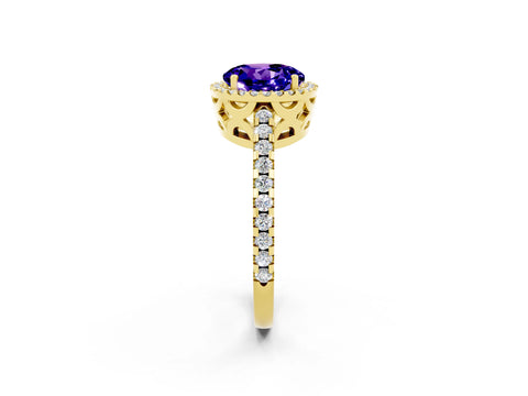 Yellow gold Round Cut Tanzanite Halo Engagement Ring with Pavé Band and Prong Setting_14
