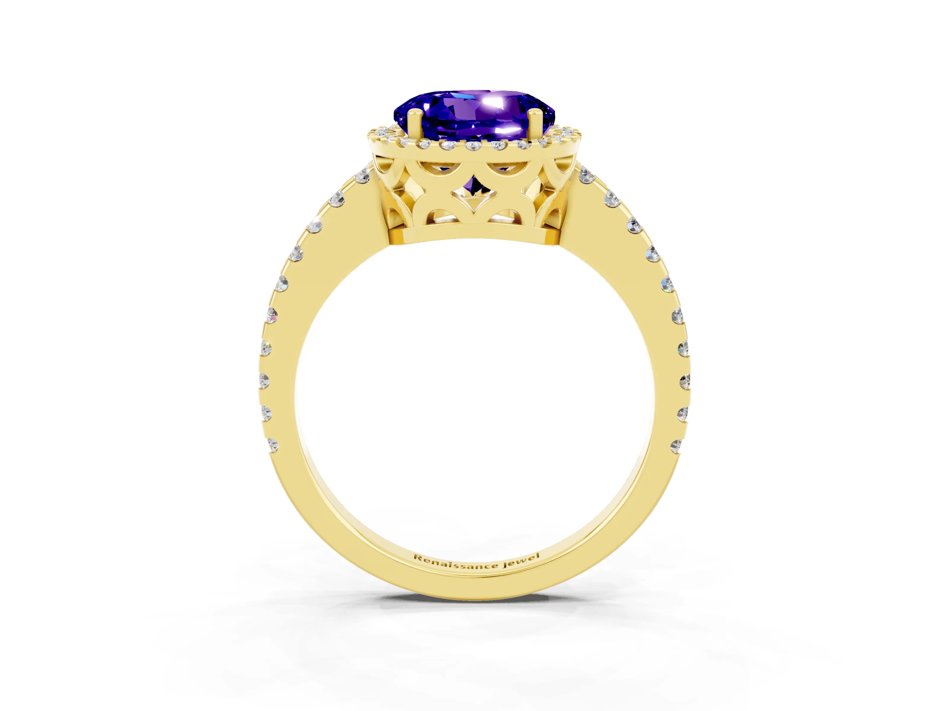 Yellow gold Round Cut Tanzanite Halo Engagement Ring with Pavé Band and Prong Setting_15