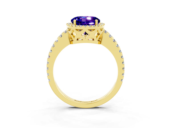 Yellow gold Round Cut Tanzanite Halo Engagement Ring with Pavé Band and Prong Setting