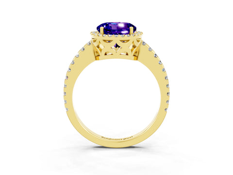 Yellow gold Round Cut Tanzanite Halo Engagement Ring with Pavé Band and Prong Setting_15