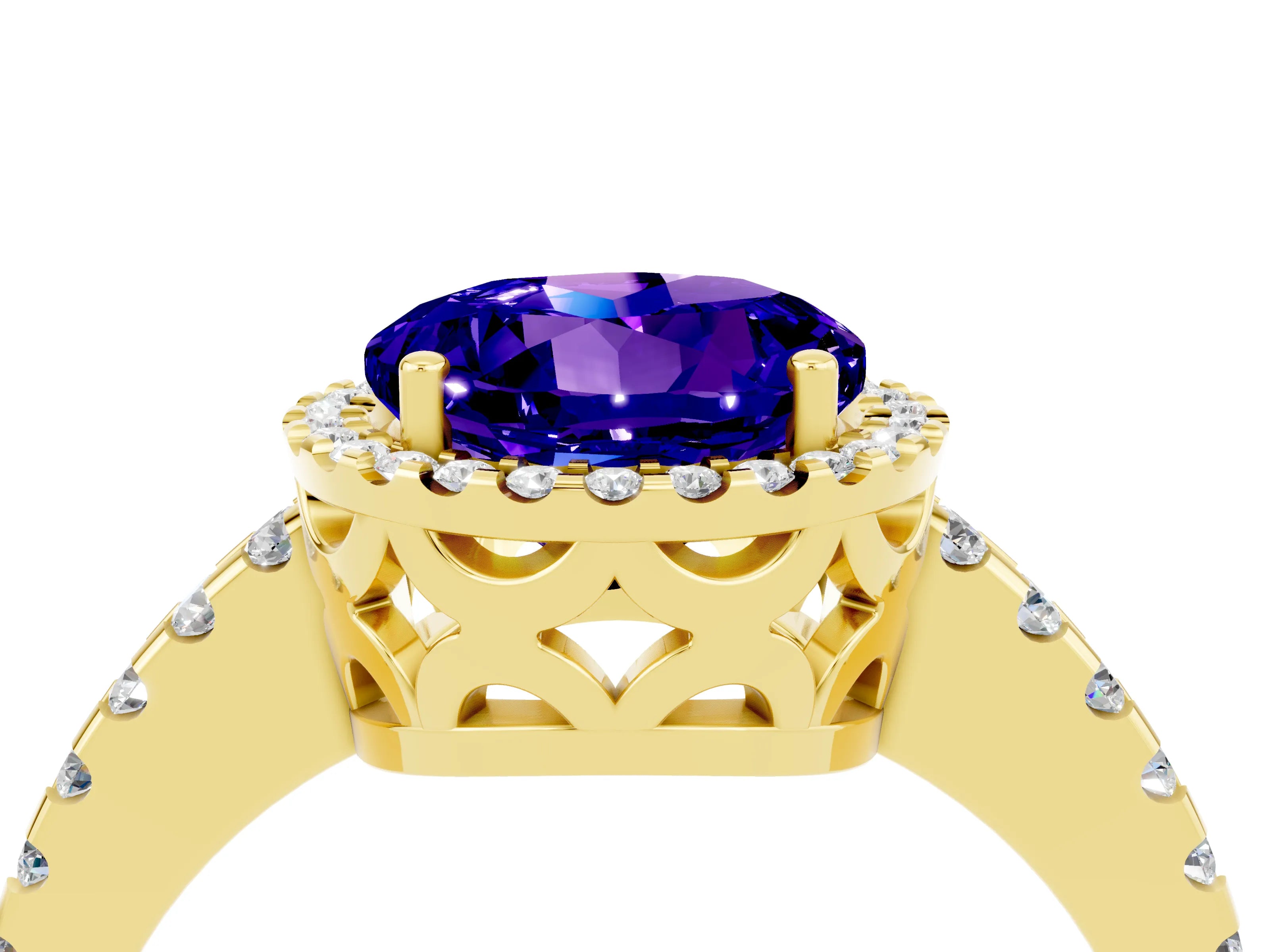Yellow gold Round Cut Tanzanite Halo Engagement Ring with Pavé Band and Prong Setting_16