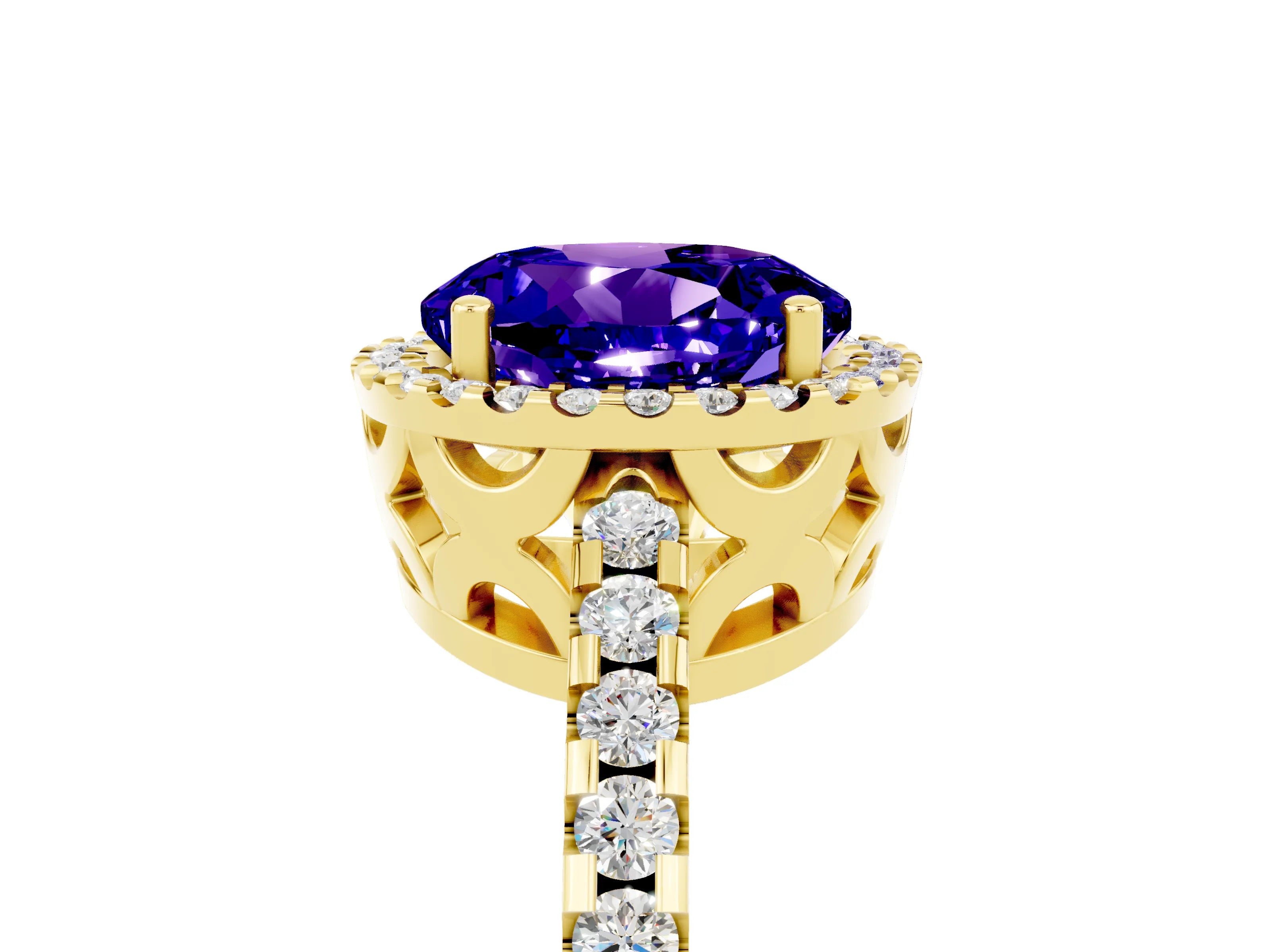 Yellow gold Round Cut Tanzanite Halo Engagement Ring with Pavé Band and Prong Setting_17
