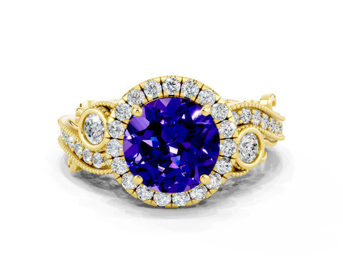 Yellow gold Round Cut Tanzanite Halo Ring with Milgrain Pavé Band and Four-Prong Setting_12