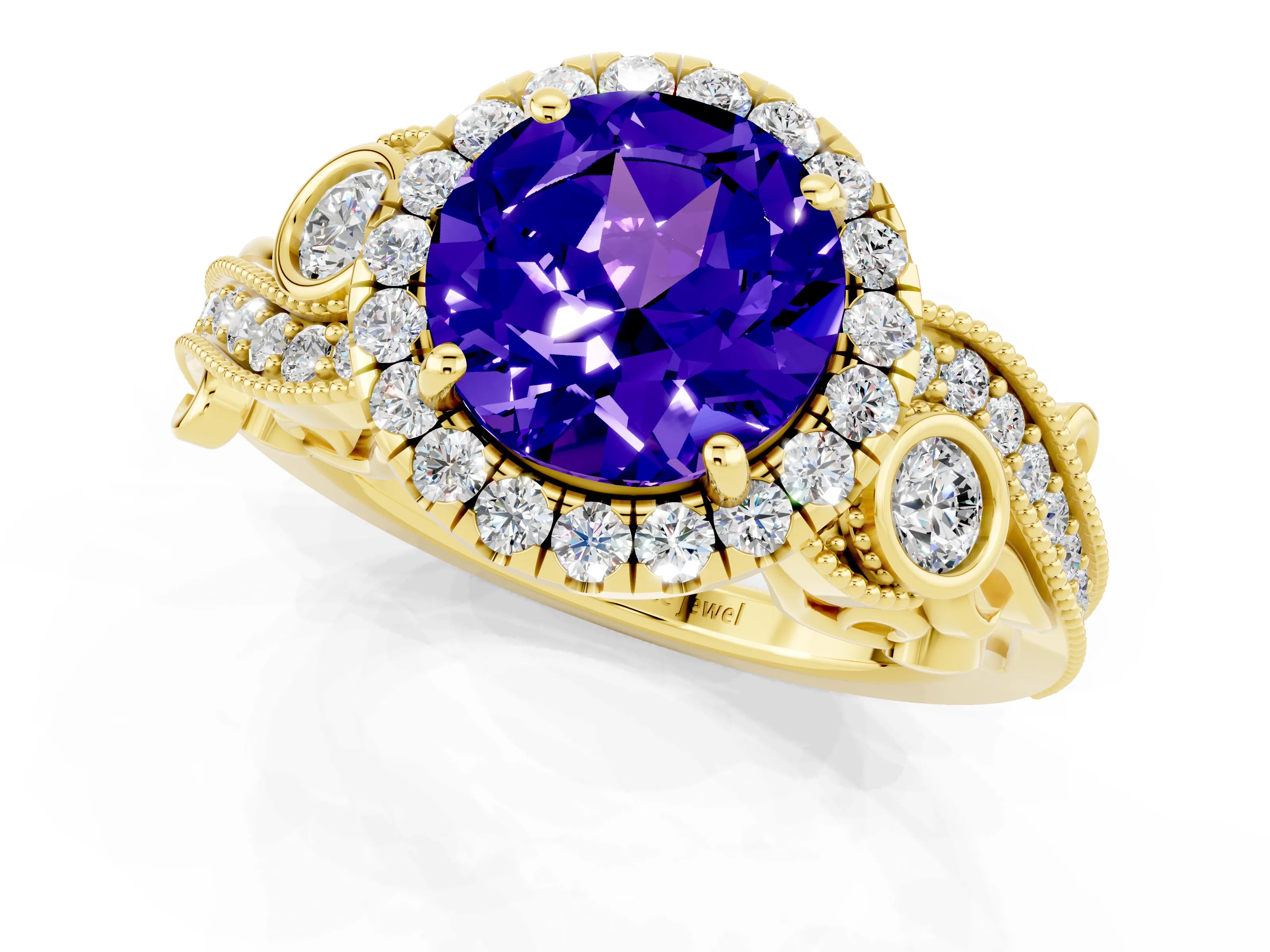 Yellow gold Round Cut Tanzanite Halo Ring with Milgrain Pavé Band and Four-Prong Setting_13