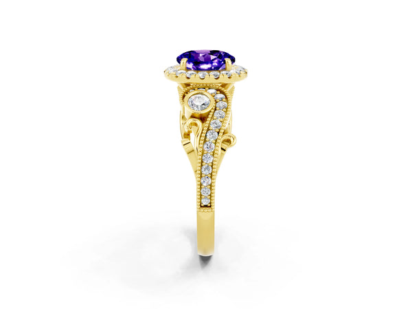 Yellow gold Round Cut Tanzanite Halo Ring with Milgrain Pavé Band and Four-Prong Setting