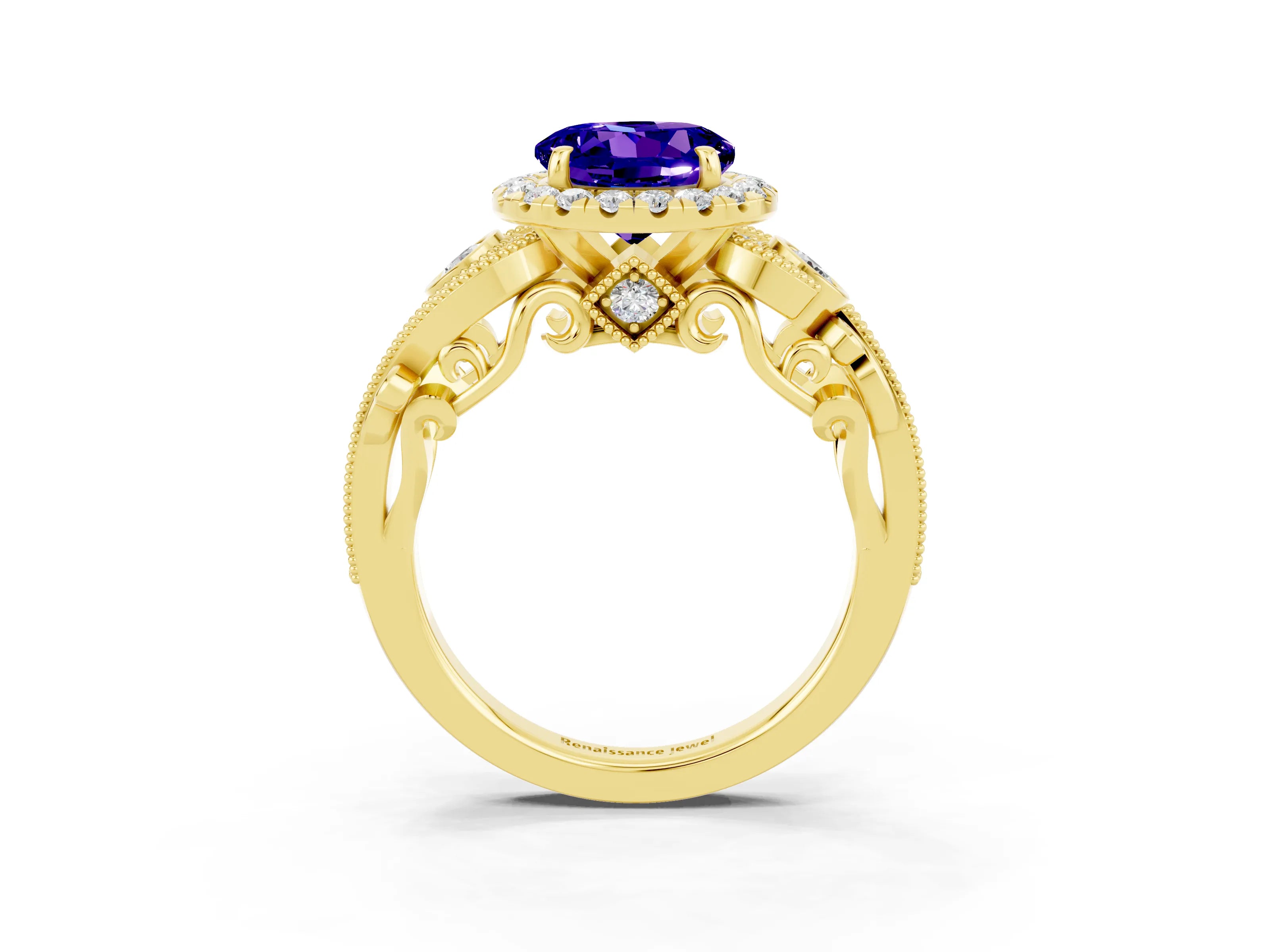 Yellow gold Round Cut Tanzanite Halo Ring with Milgrain Pavé Band and Four-Prong Setting_15