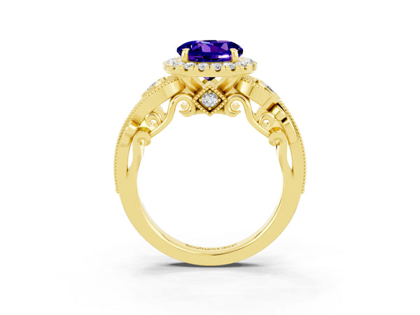 Yellow gold Round Cut Tanzanite Halo Ring with Milgrain Pavé Band and Four-Prong Setting