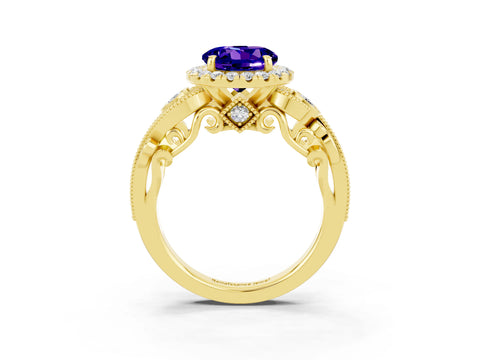 Yellow gold Round Cut Tanzanite Halo Ring with Milgrain Pavé Band and Four-Prong Setting_15