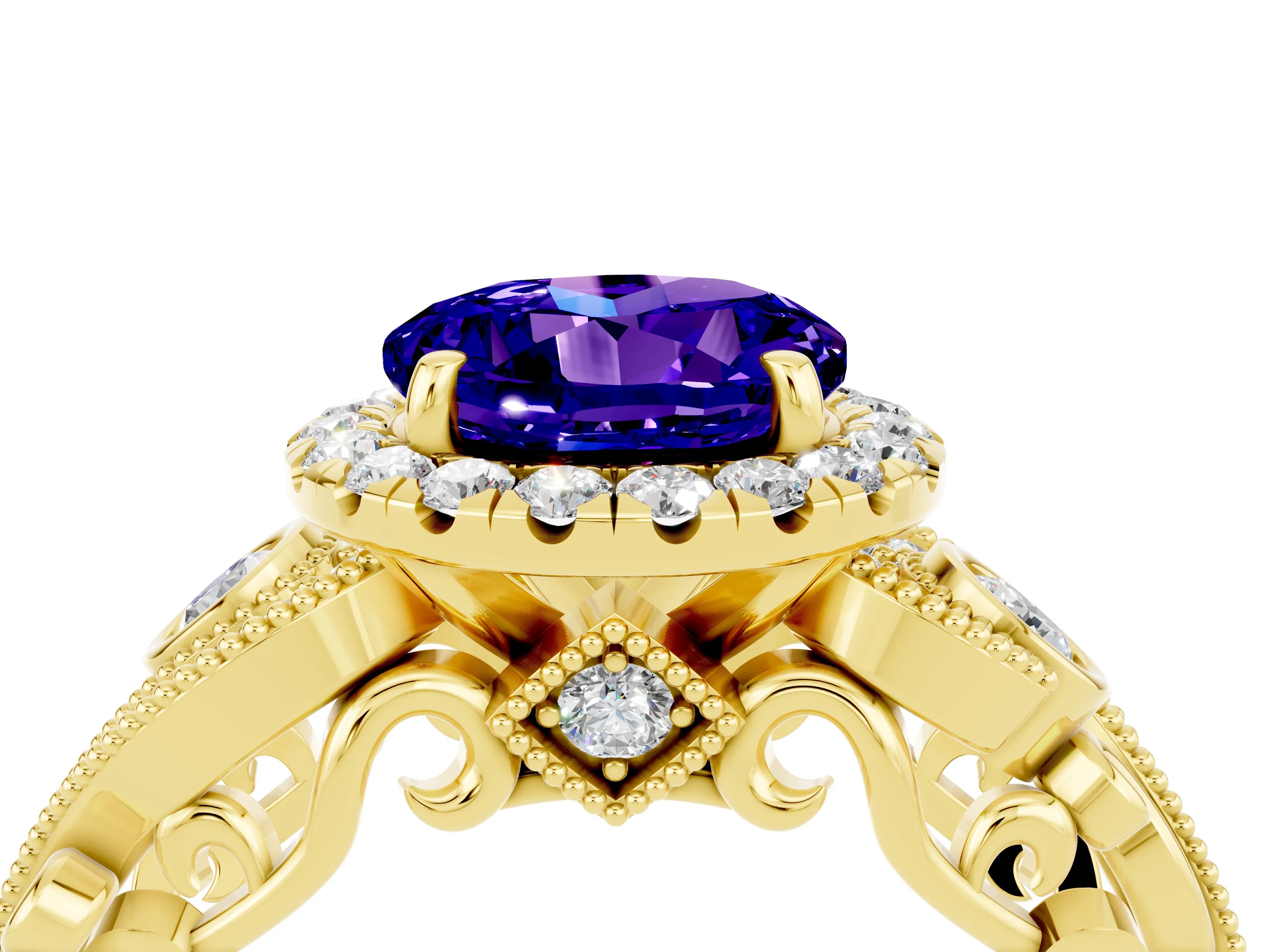 Yellow gold Round Cut Tanzanite Halo Ring with Milgrain Pavé Band and Four-Prong Setting_16