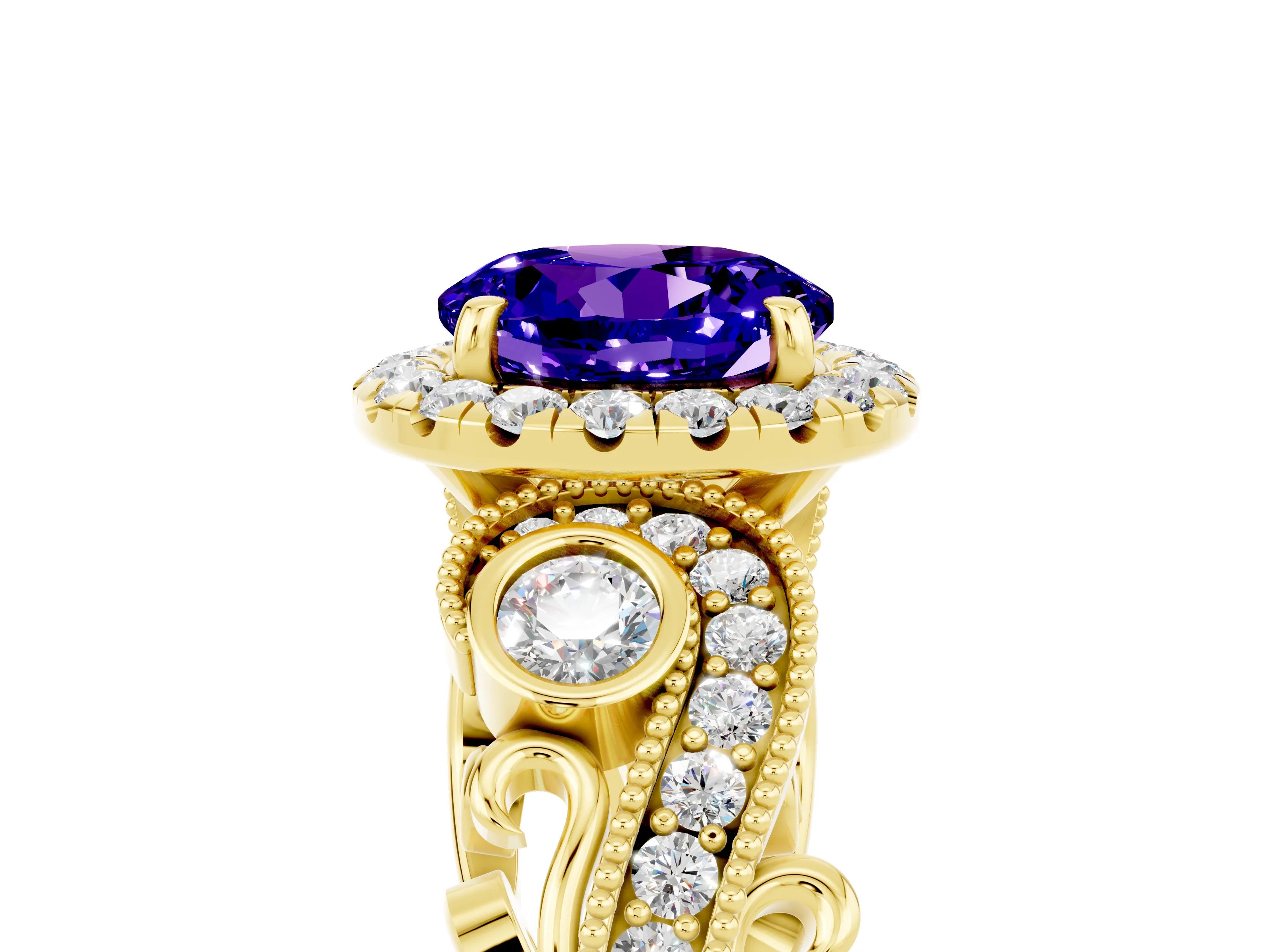 Yellow gold Round Cut Tanzanite Halo Ring with Milgrain Pavé Band and Four-Prong Setting_17