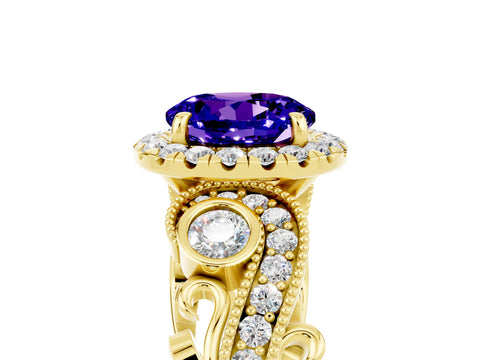 Yellow gold Round Cut Tanzanite Halo Ring with Milgrain Pavé Band and Four-Prong Setting_17