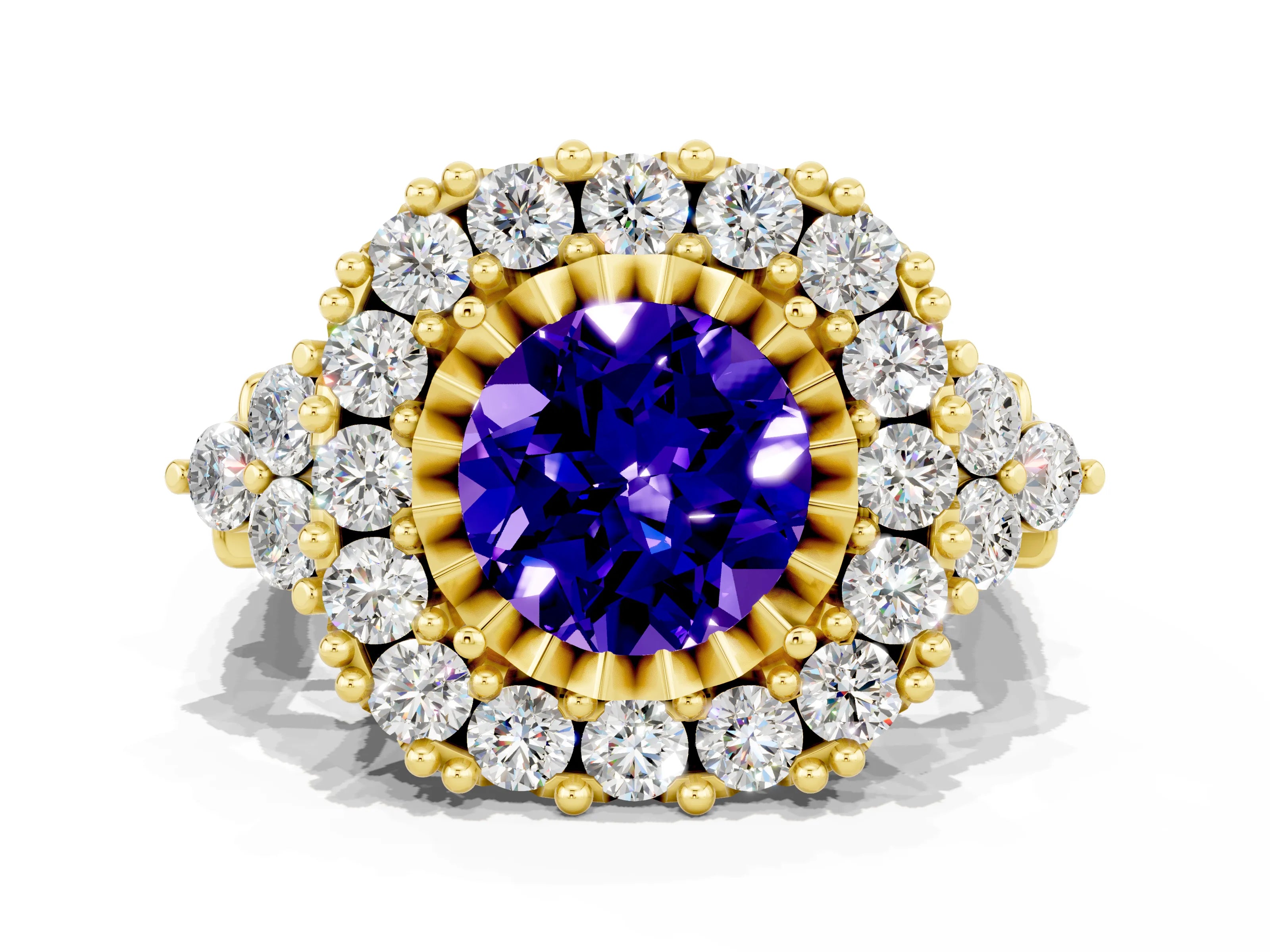 Yellow gold Round Cut Tanzanite Halo Ring with Pavé Band and Four-Prong Setting_12