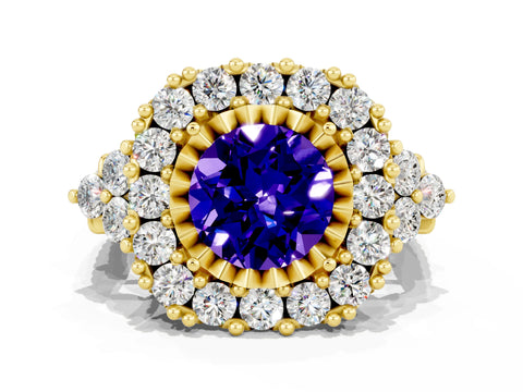 Yellow gold Round Cut Tanzanite Halo Ring with Pavé Band and Four-Prong Setting_12