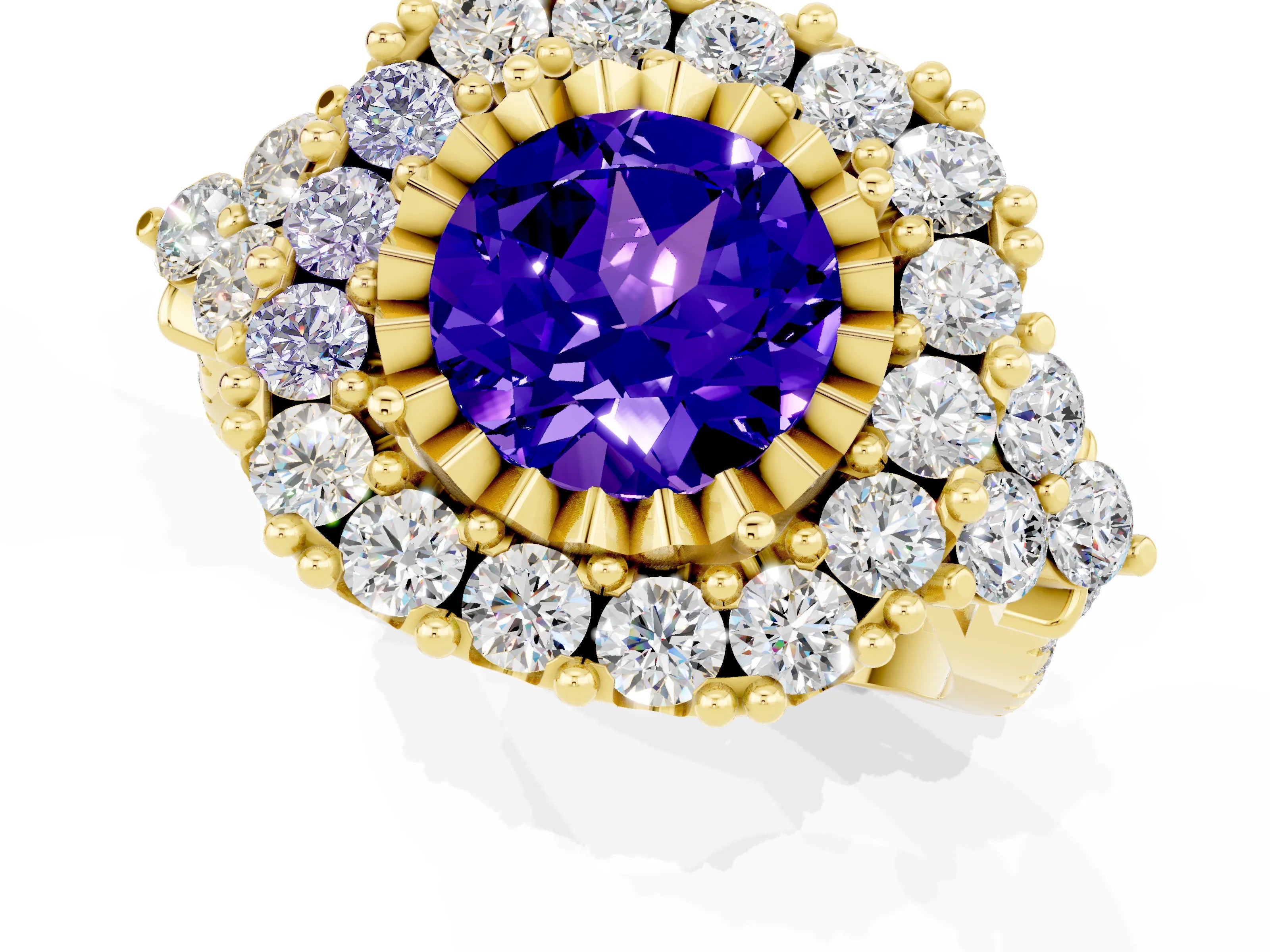Yellow gold Round Cut Tanzanite Halo Ring with Pavé Band and Four-Prong Setting_13