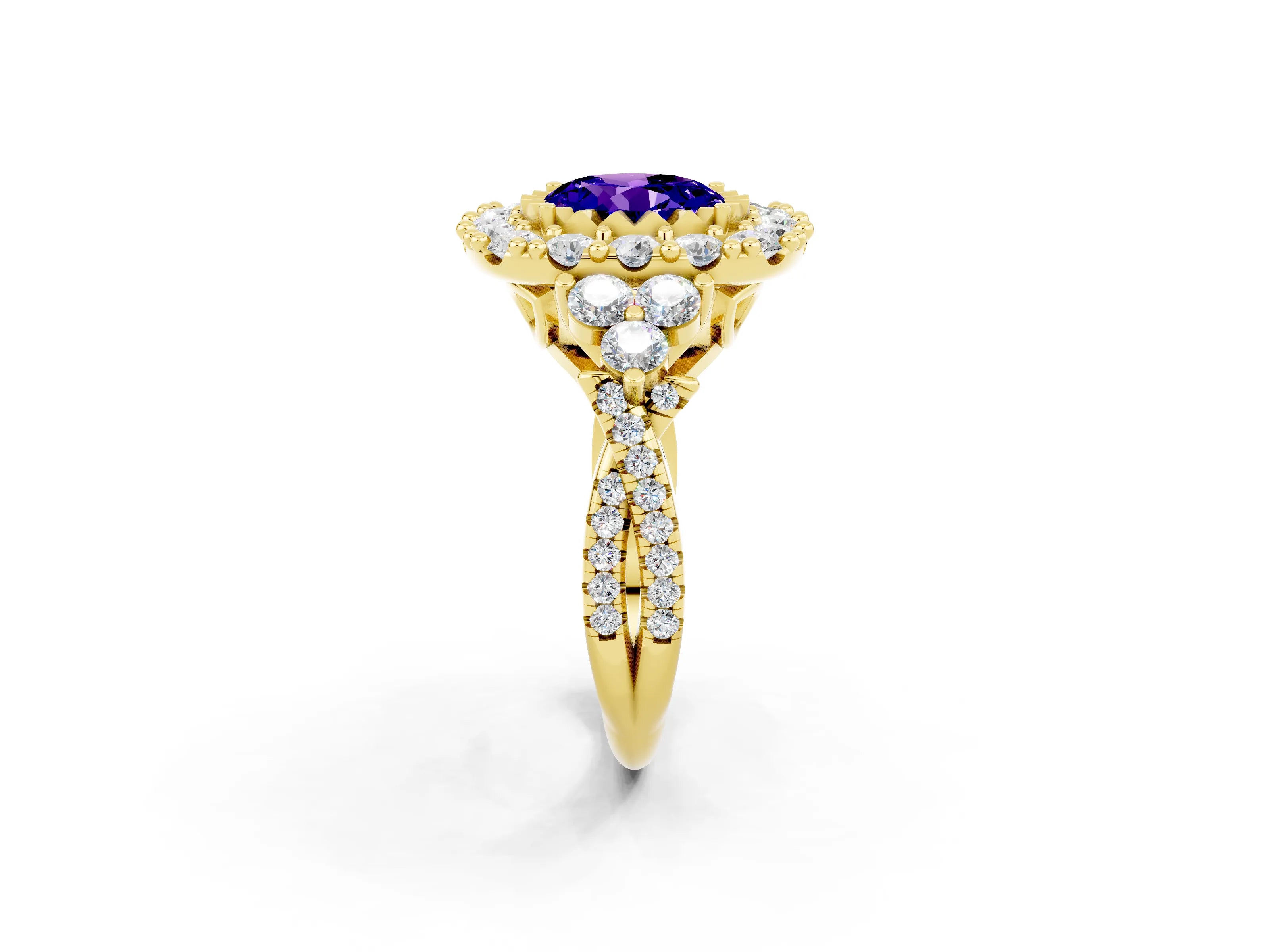 Yellow gold Round Cut Tanzanite Halo Ring with Pavé Band and Four-Prong Setting_14
