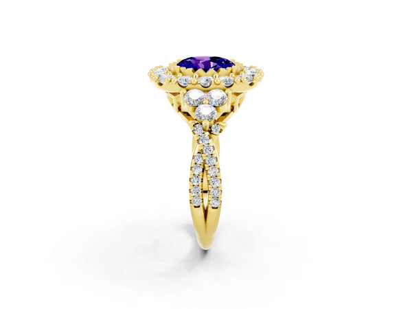 Yellow gold Round Cut Tanzanite Halo Ring with Pavé Band and Four-Prong Setting