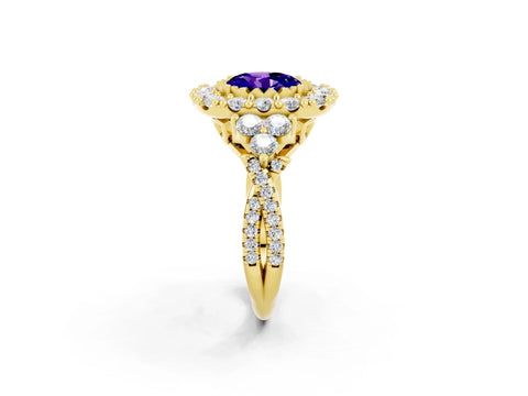 Yellow gold Round Cut Tanzanite Halo Ring with Pavé Band and Four-Prong Setting_14