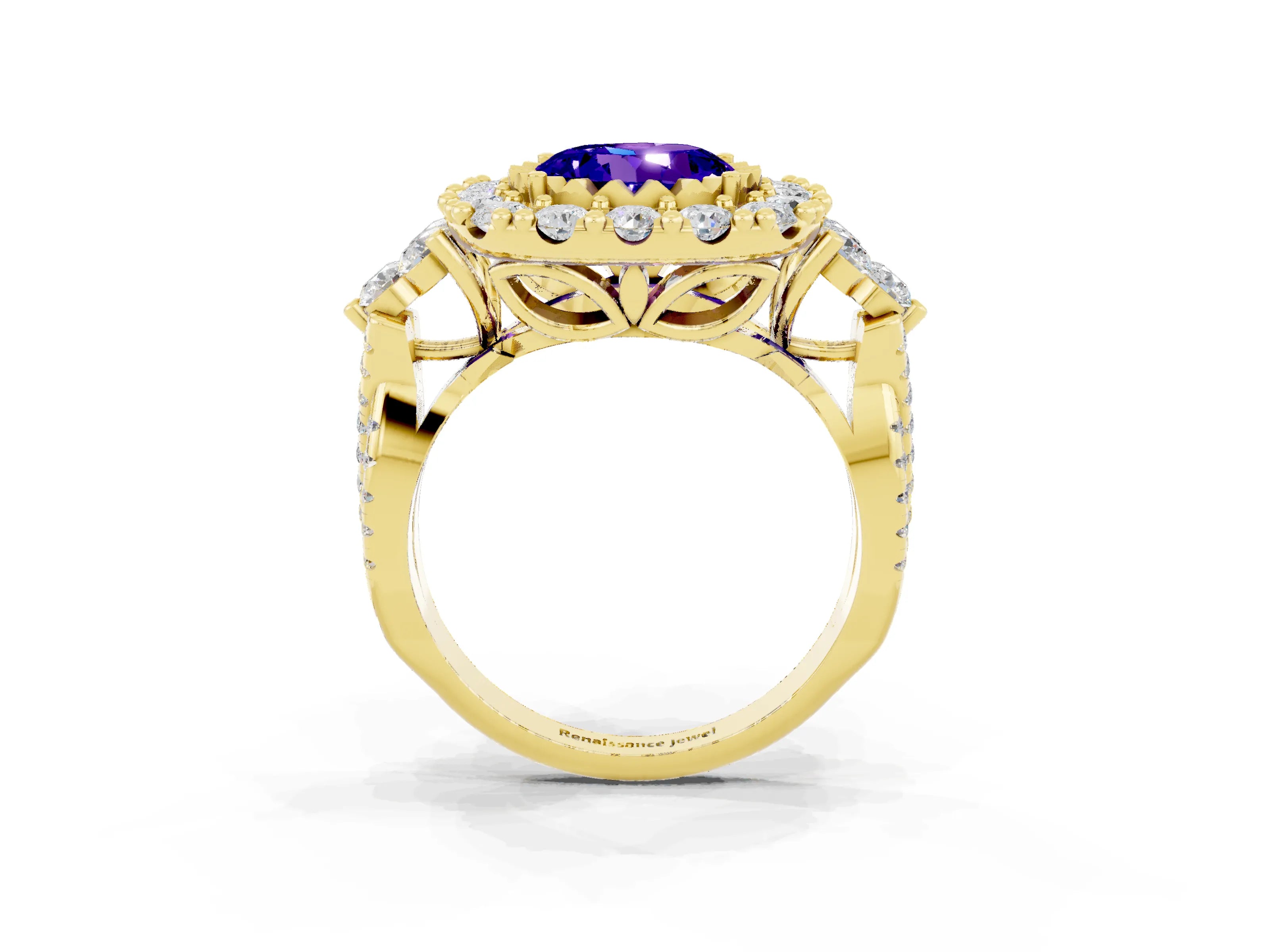 Yellow gold Round Cut Tanzanite Halo Ring with Pavé Band and Four-Prong Setting_15