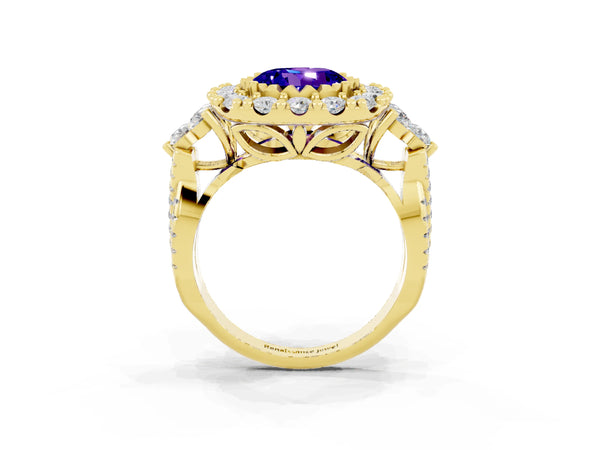 Yellow gold Round Cut Tanzanite Halo Ring with Pavé Band and Four-Prong Setting