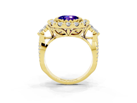 Yellow gold Round Cut Tanzanite Halo Ring with Pavé Band and Four-Prong Setting_15