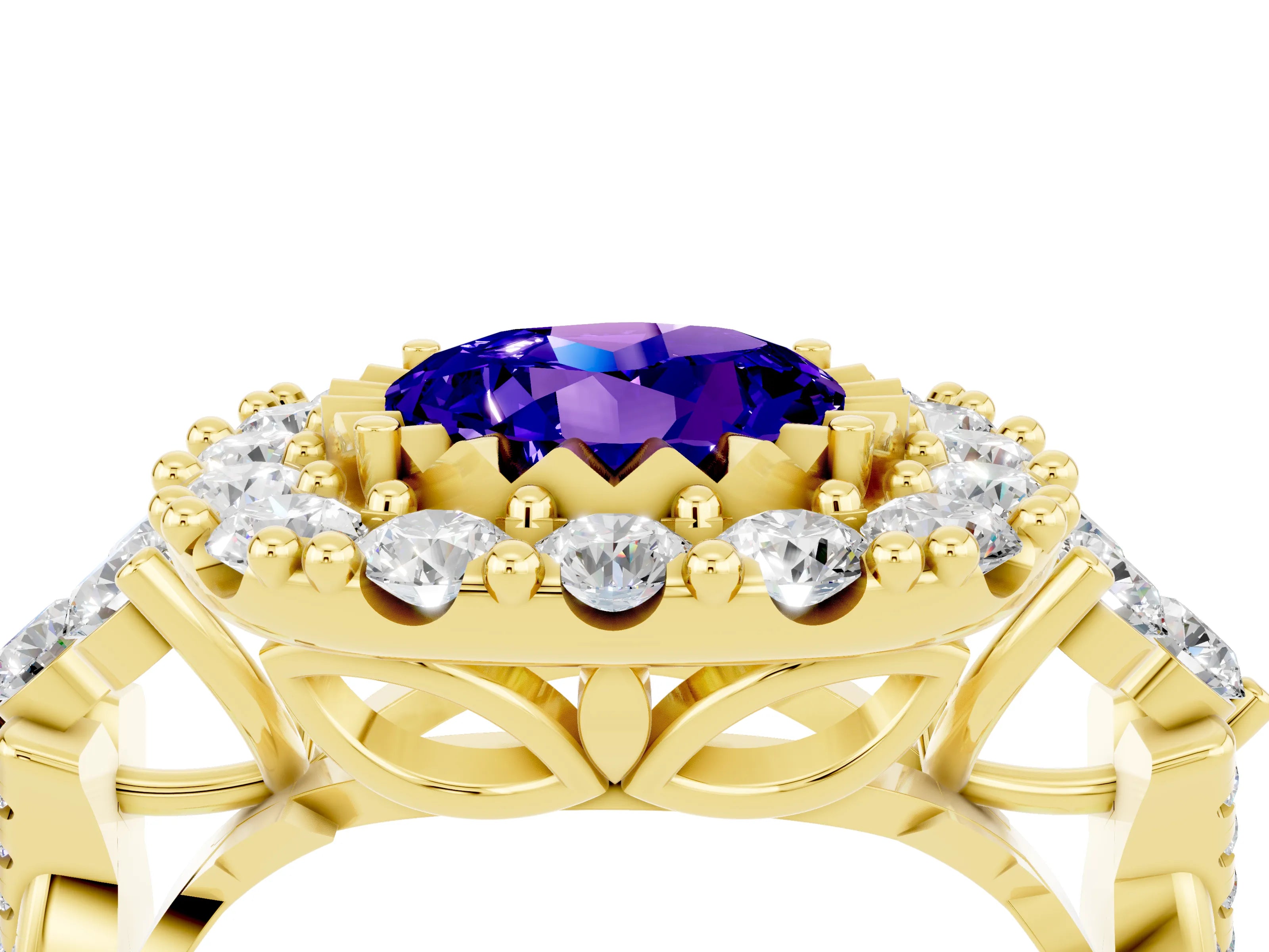 Yellow gold Round Cut Tanzanite Halo Ring with Pavé Band and Four-Prong Setting_16