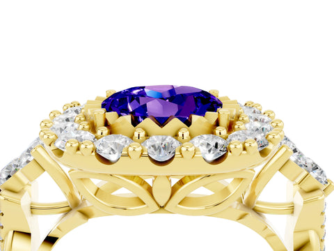 Yellow gold Round Cut Tanzanite Halo Ring with Pavé Band and Four-Prong Setting_16