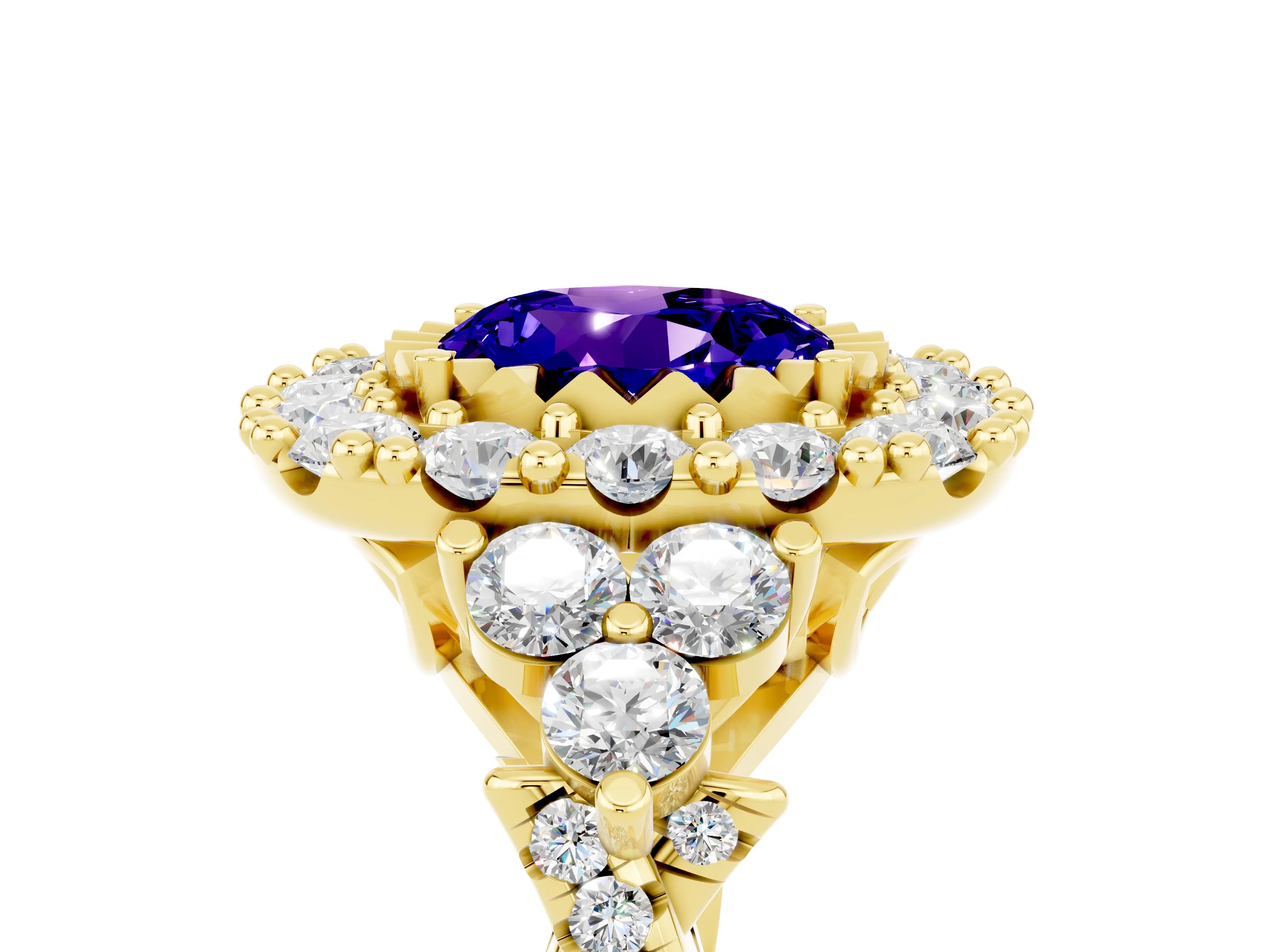 Yellow gold Round Cut Tanzanite Halo Ring with Pavé Band and Four-Prong Setting_17