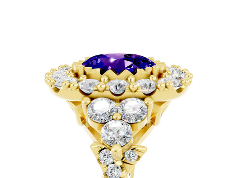 Yellow gold Round Cut Tanzanite Halo Ring with Pavé Band and Four-Prong Setting_17