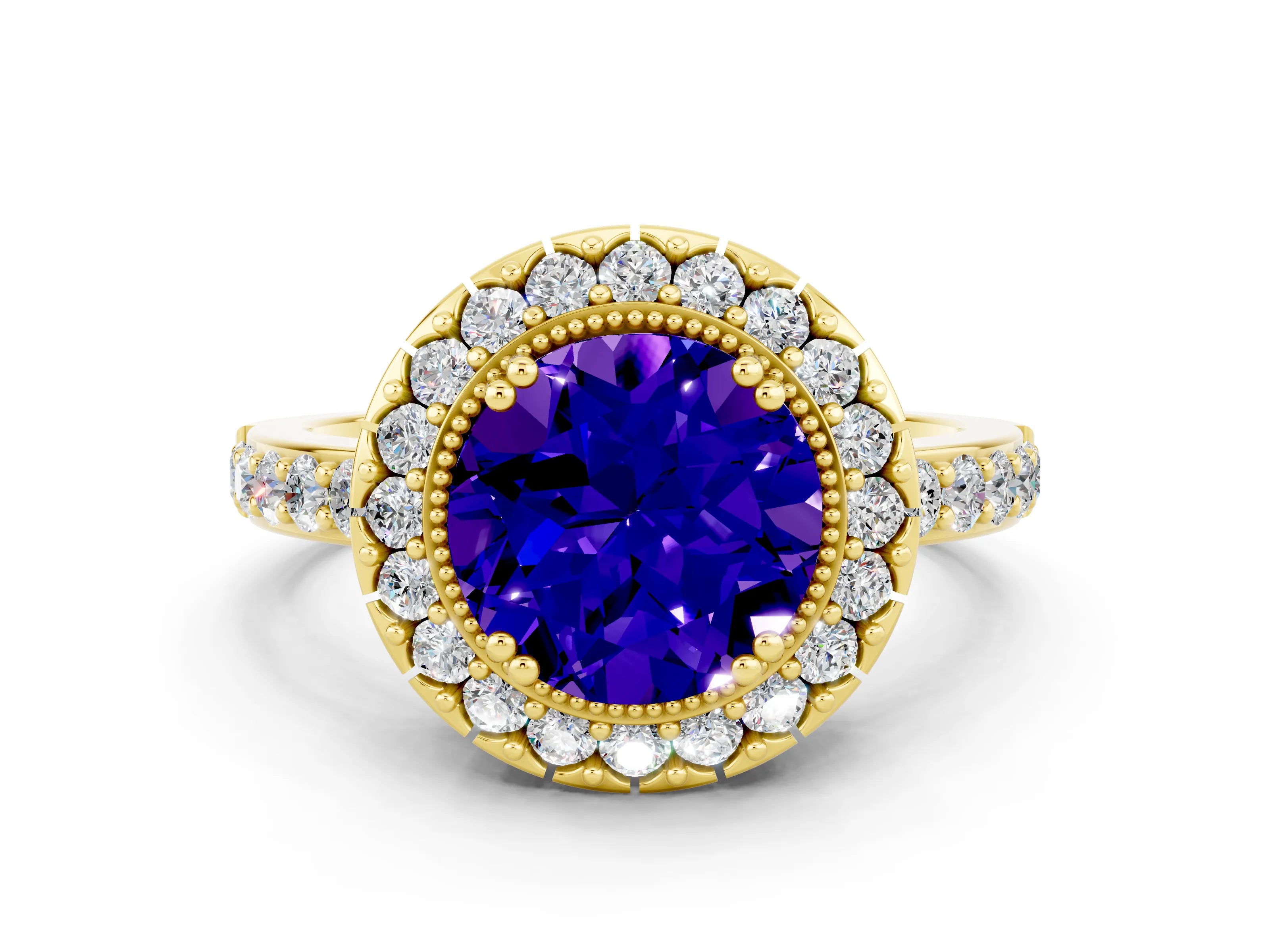 Yellow gold Round Cut Tanzanite Halo Ring with Pavé Band and Prong Setting