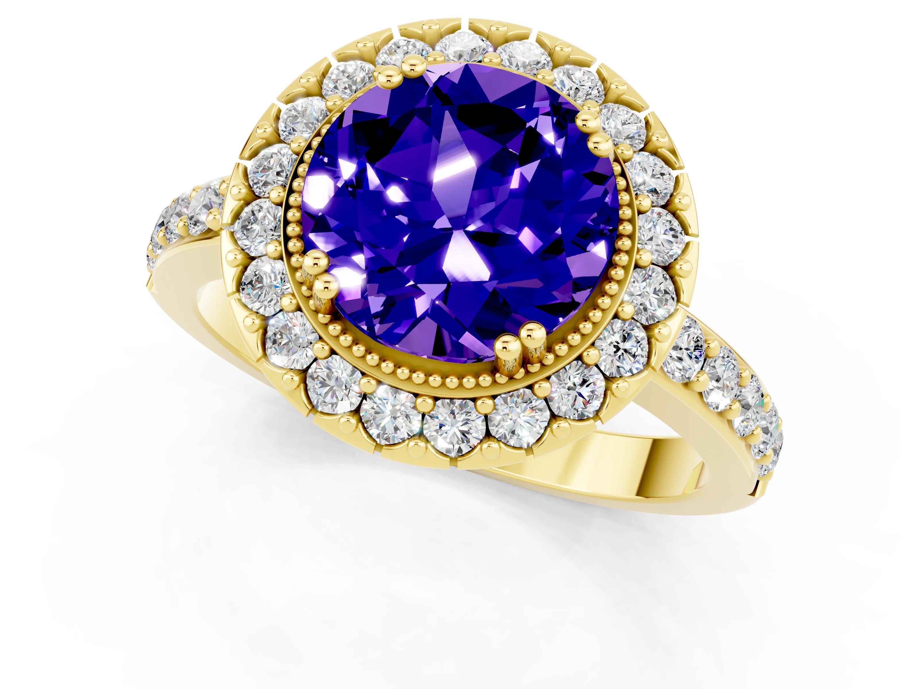 Yellow gold Round Cut Tanzanite Halo Ring with Pavé Band and Prong Setting_1