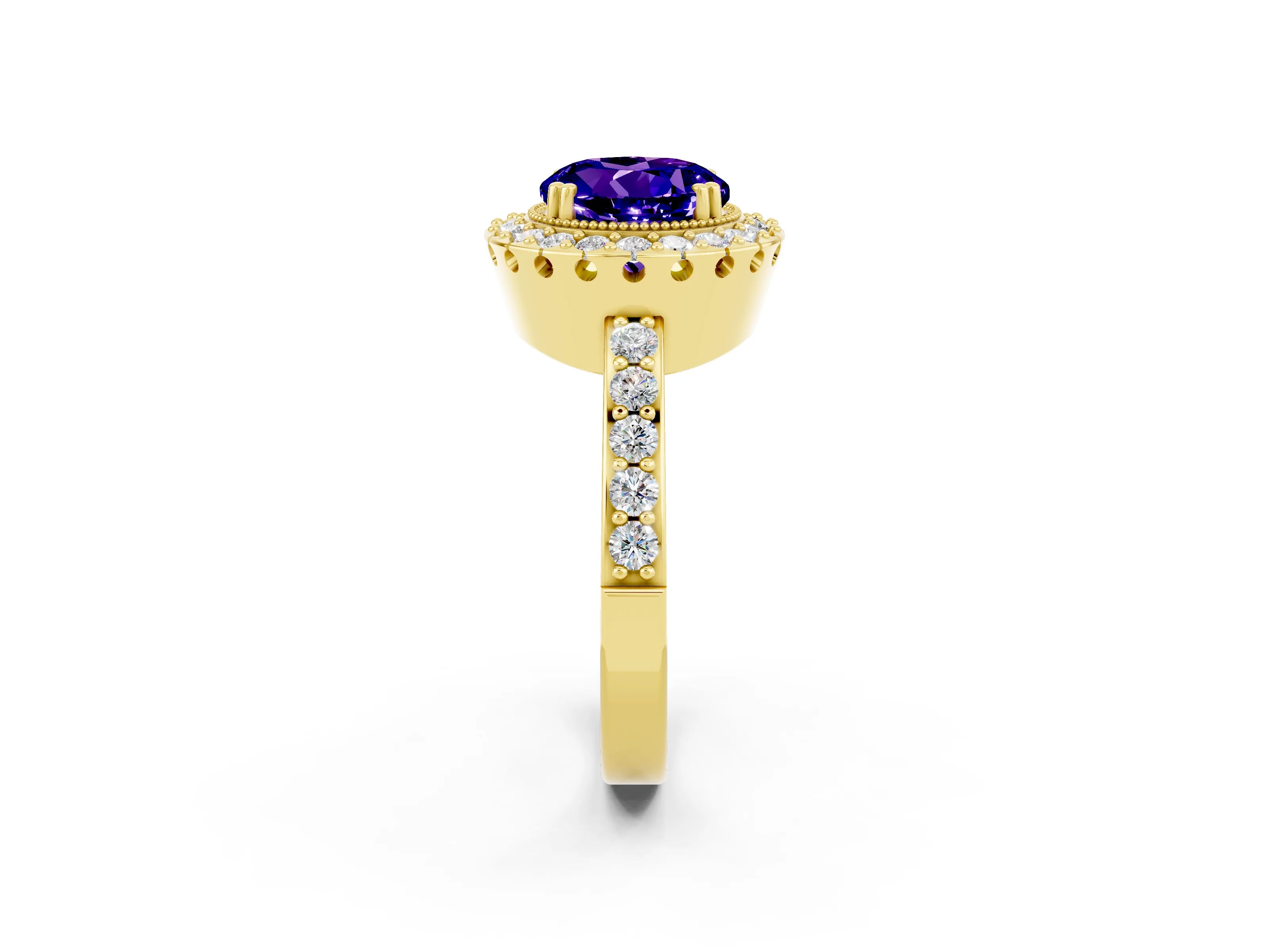 Yellow gold Round Cut Tanzanite Halo Ring with Pavé Band and Prong Setting_2