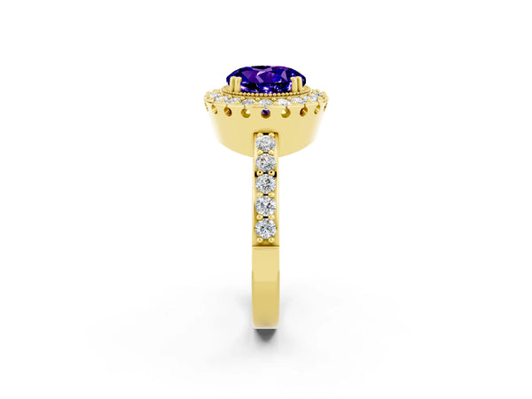 Yellow gold Round Cut Tanzanite Halo Ring with Pavé Band and Prong Setting