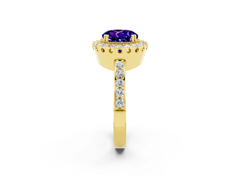 Yellow gold Round Cut Tanzanite Halo Ring with Pavé Band and Prong Setting_2