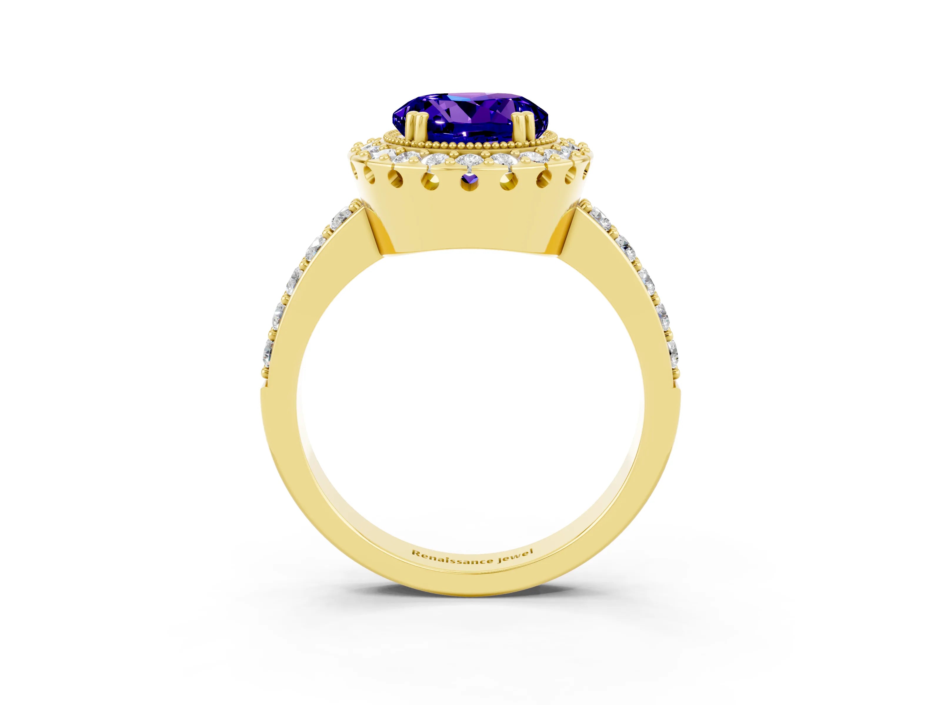 Yellow gold Round Cut Tanzanite Halo Ring with Pavé Band and Prong Setting_3