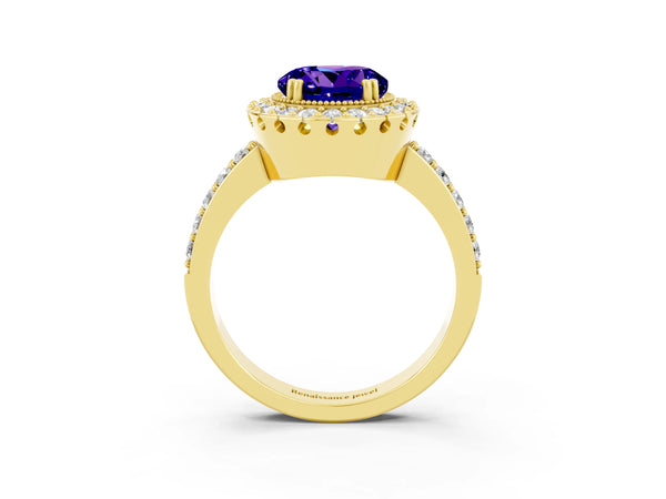 Yellow gold Round Cut Tanzanite Halo Ring with Pavé Band and Prong Setting