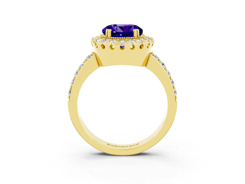 Yellow gold Round Cut Tanzanite Halo Ring with Pavé Band and Prong Setting_3