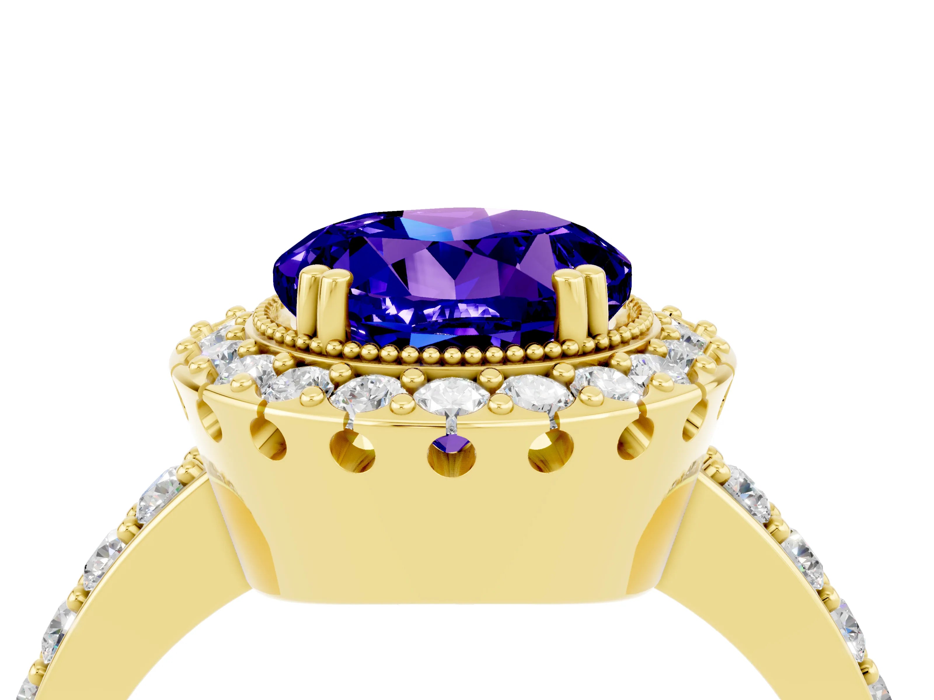 Yellow gold Round Cut Tanzanite Halo Ring with Pavé Band and Prong Setting_4