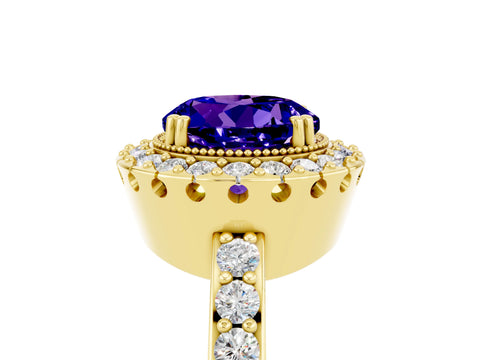 Yellow gold Round Cut Tanzanite Halo Ring with Pavé Band and Prong Setting_5