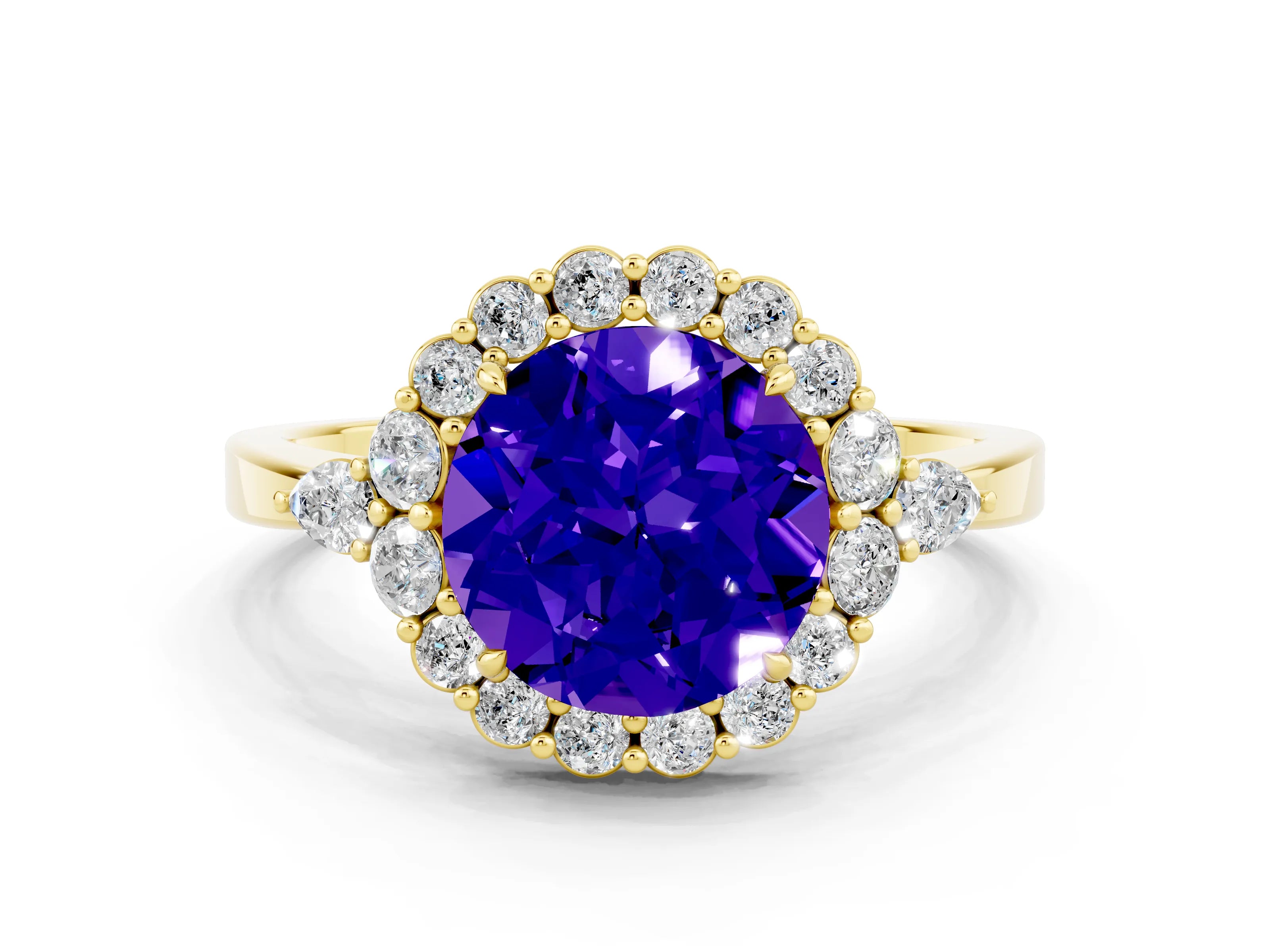 Yellow gold Round Cut Tanzanite Halo Ring with Pear Side Stones and Prong Setting_12