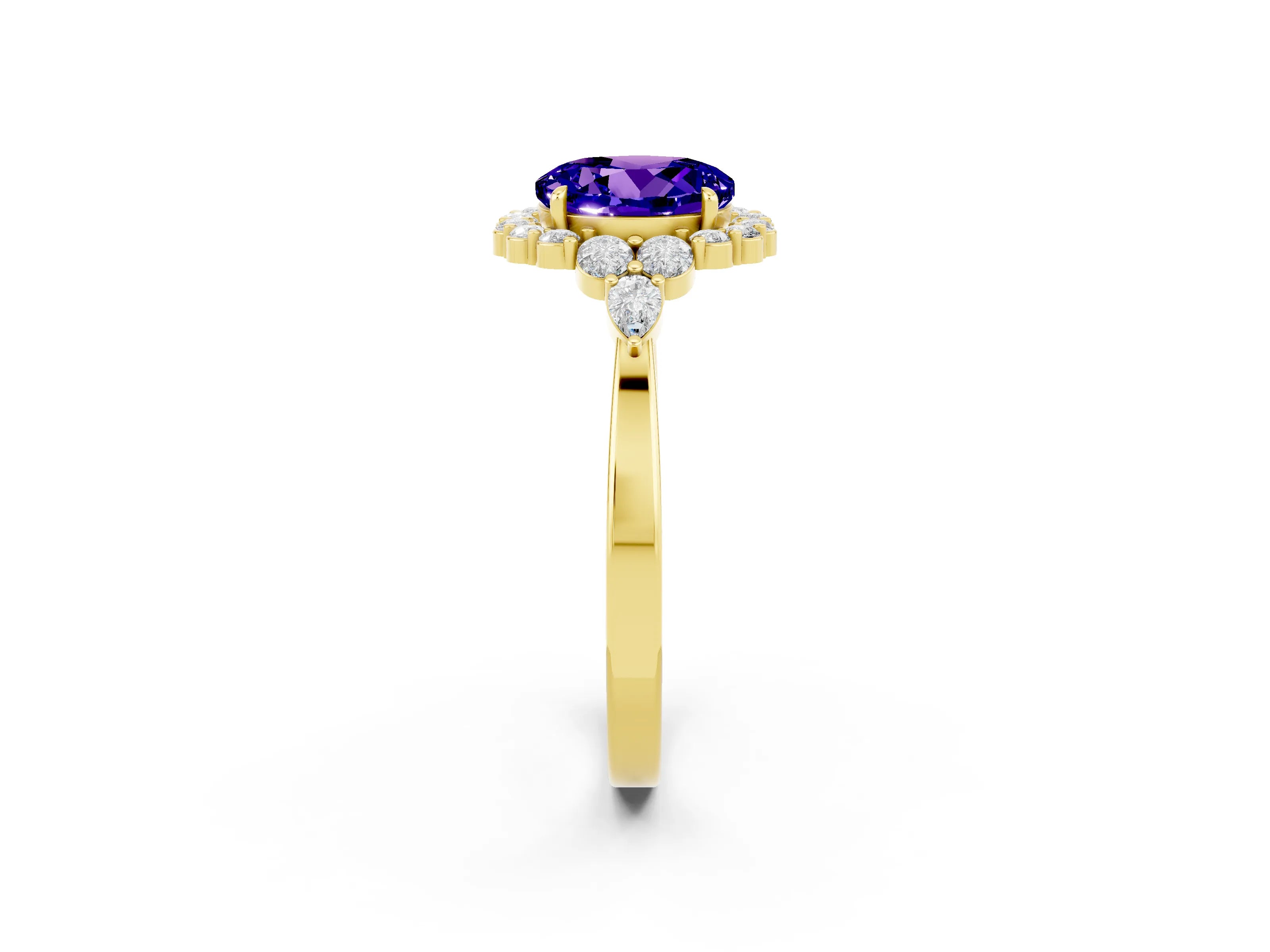 Yellow gold Round Cut Tanzanite Halo Ring with Pear Side Stones and Prong Setting_14