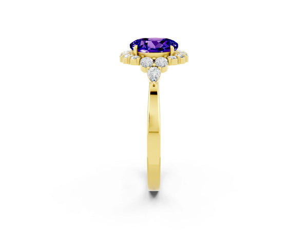 Yellow gold Round Cut Tanzanite Halo Ring with Pear Side Stones and Prong Setting