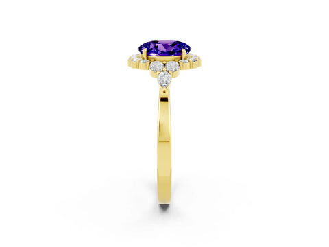 Yellow gold Round Cut Tanzanite Halo Ring with Pear Side Stones and Prong Setting_14