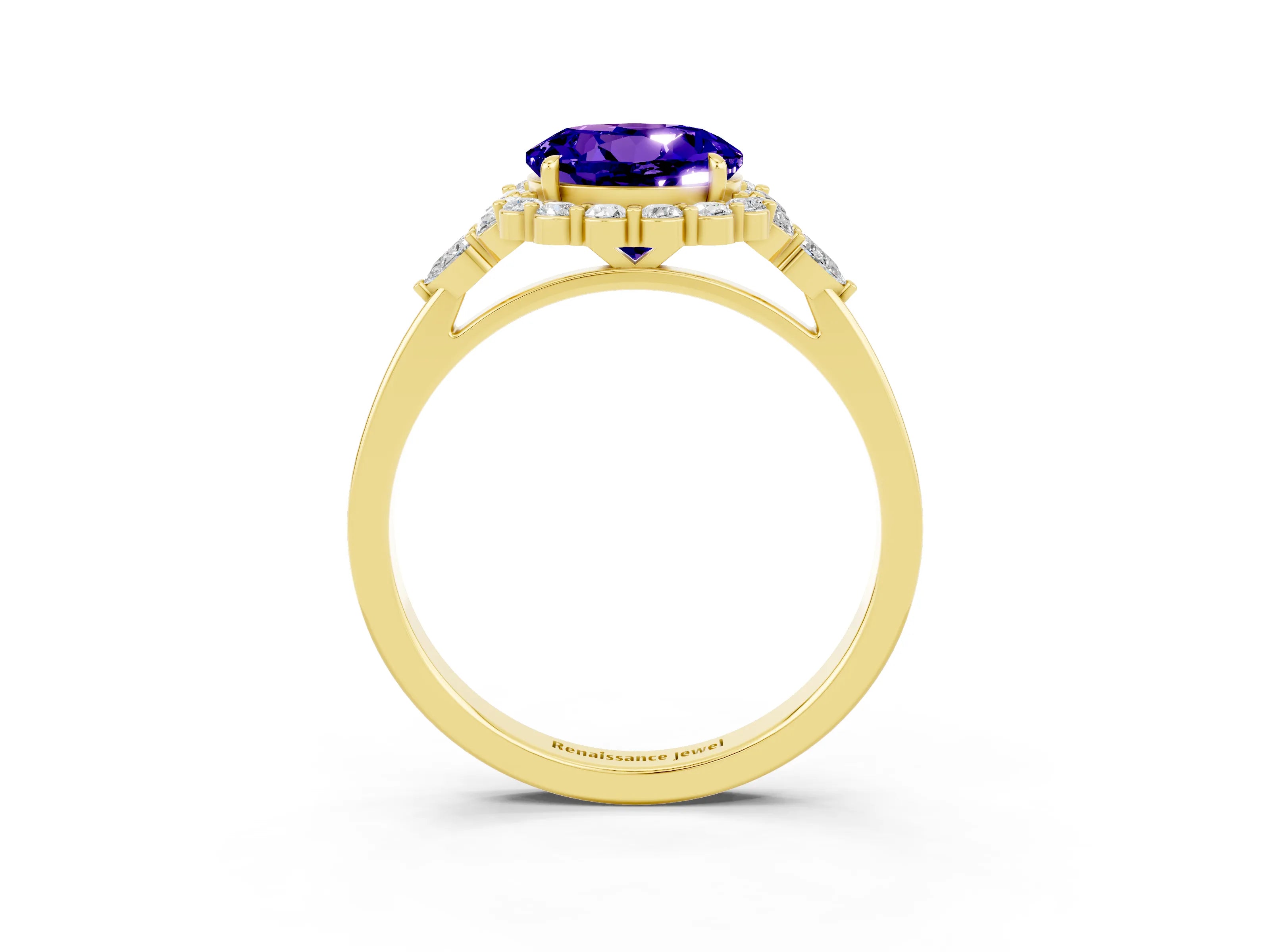 Yellow gold Round Cut Tanzanite Halo Ring with Pear Side Stones and Prong Setting_15