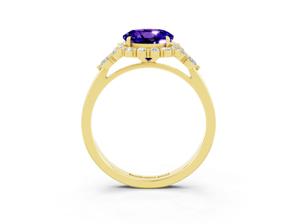 Yellow gold Round Cut Tanzanite Halo Ring with Pear Side Stones and Prong Setting