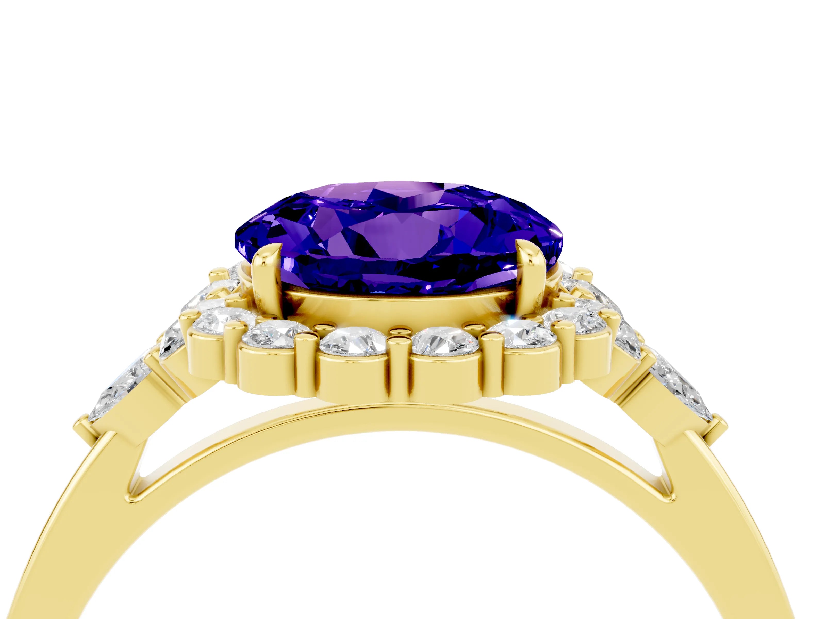 Yellow gold Round Cut Tanzanite Halo Ring with Pear Side Stones and Prong Setting_16