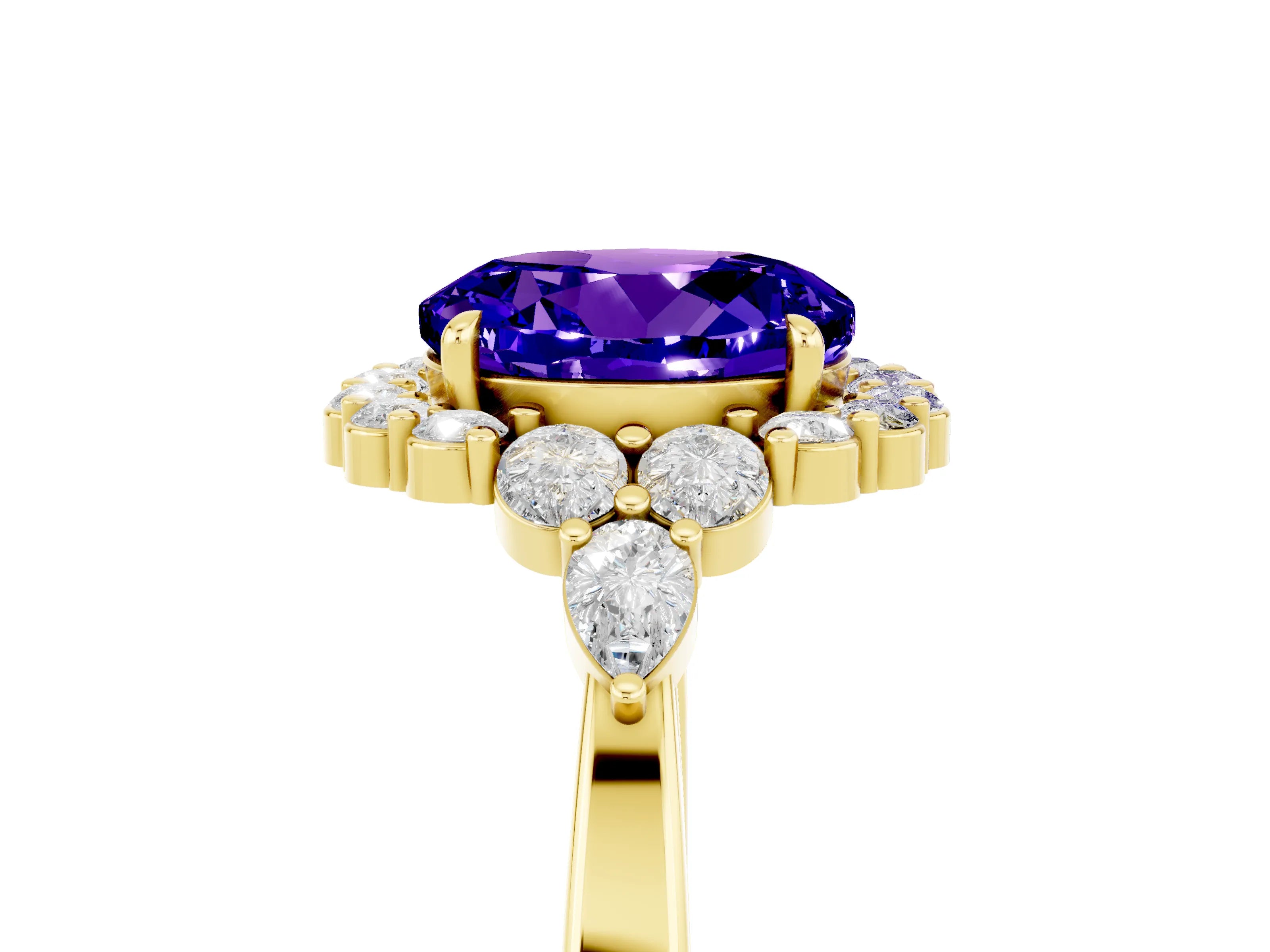 Yellow gold Round Cut Tanzanite Halo Ring with Pear Side Stones and Prong Setting_17