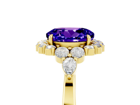 Yellow gold Round Cut Tanzanite Halo Ring with Pear Side Stones and Prong Setting_17