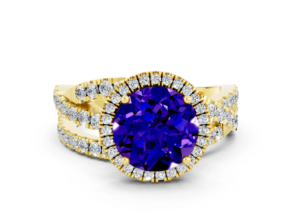 Yellow gold Round Cut Tanzanite Halo Ring with Round Split Shank and Prong Setting