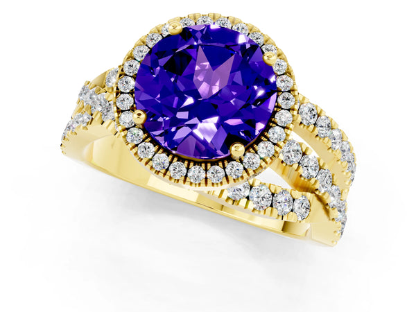 Yellow gold Round Cut Tanzanite Halo Ring with Round Split Shank and Prong Setting
