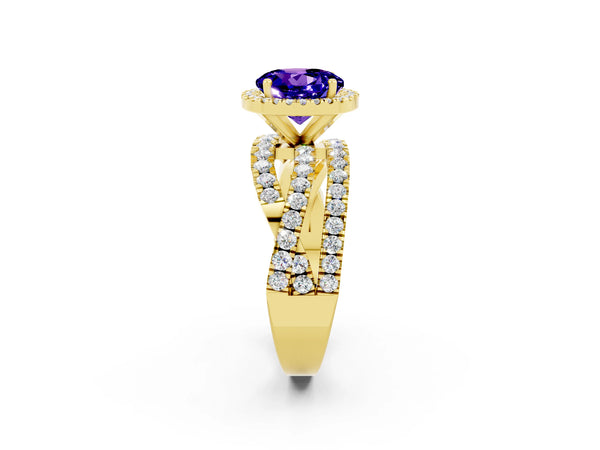 Yellow gold Round Cut Tanzanite Halo Ring with Round Split Shank and Prong Setting